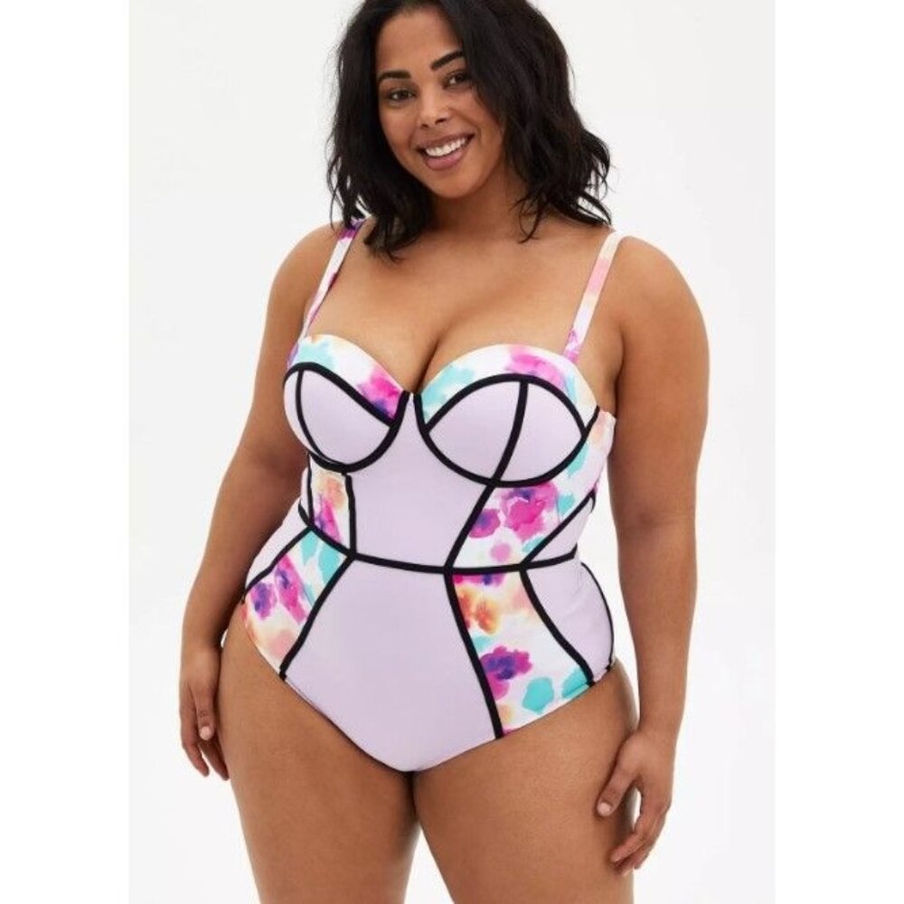 torrid Lavender One-Piece Swimsuit with Multicolor Floral Panels